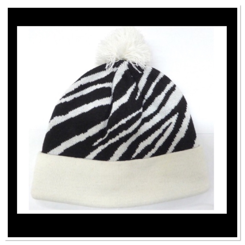 White Zebra Pom Pom Beanie